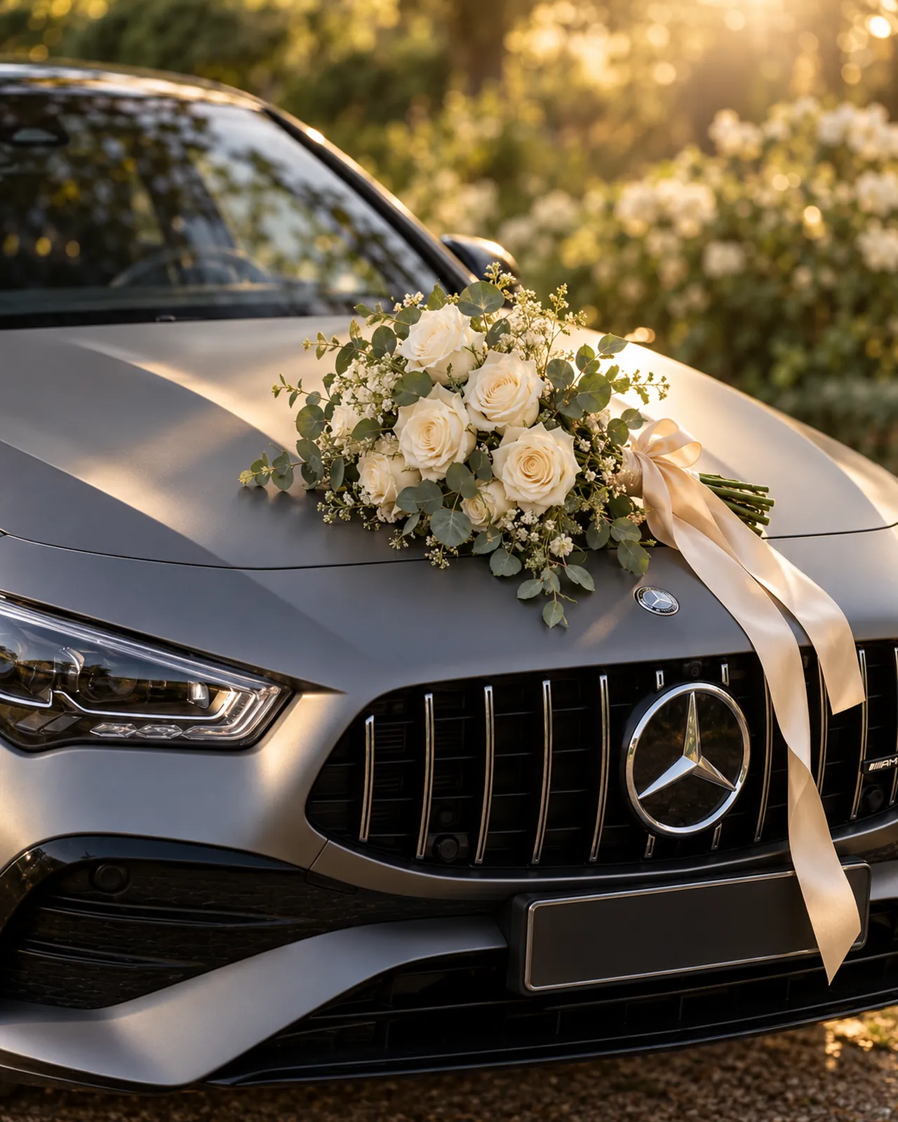 Bouquet of white roses on the matte bonnet of a Mercedes-AMG